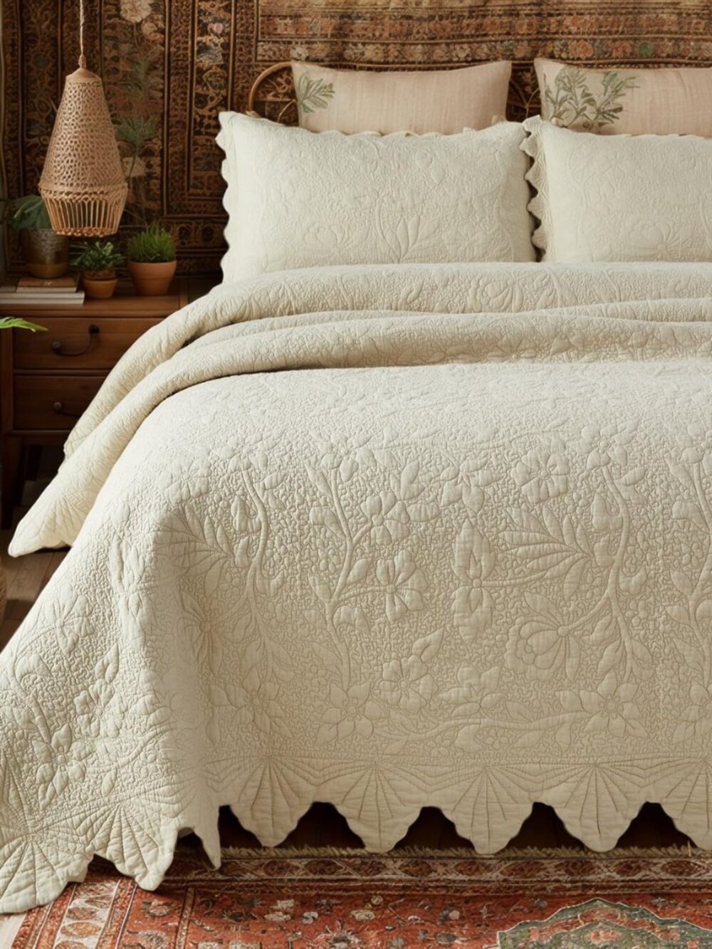 Beige Quilts Queen King Size Cotton Farmhouse Matelasse Coverlet Scalloped Edge